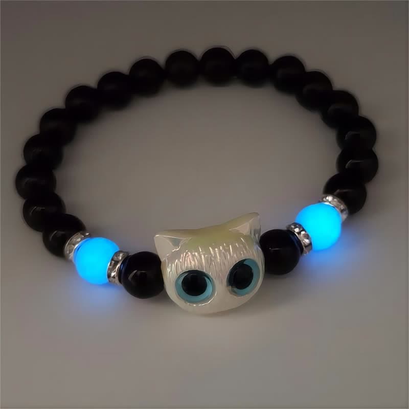 Olivenorma 1pcs Luminous Cute Cat Design Pendant Beaded Bracelet - Blue Light & White Cat - image 4