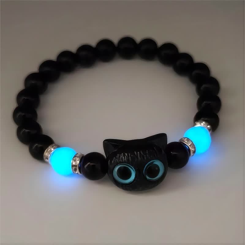 Olivenorma 1pcs Luminous Cute Cat Design Pendant Beaded Bracelet - Blue Light & Black Cat - image 1