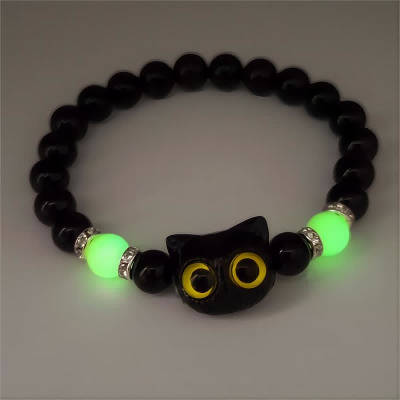 Olivenorma 1pcs Luminous Cute Cat Design Pendant Beaded Bracelet - Green Light & Black Cat - image 5