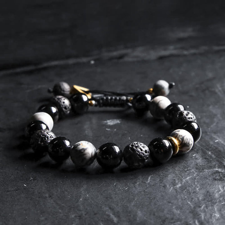 Olivenorma 10mm Grey Jasper Obsidian Lava Stone Beaded Men Bracelet - 18cm - image 0
