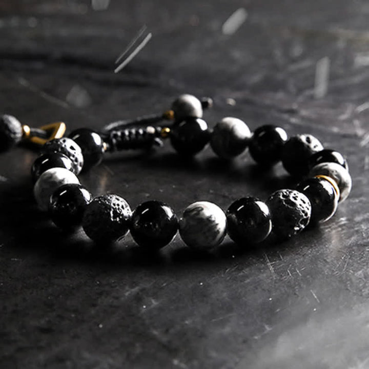 Olivenorma 10mm Grey Jasper Obsidian Lava Stone Beaded Men Bracelet - image 6