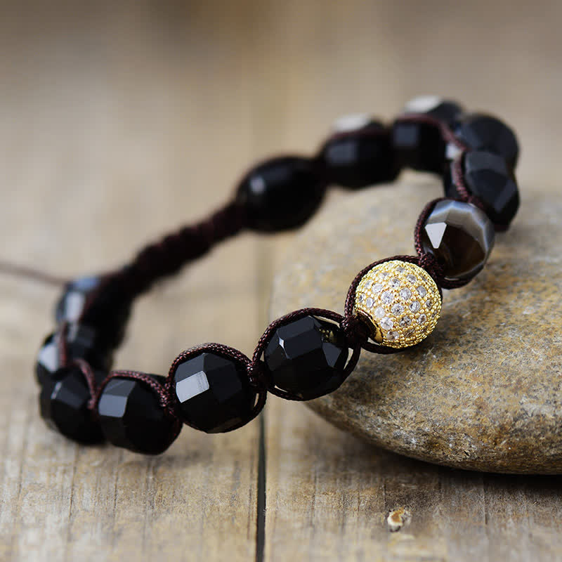 Olivenorma Natural Stone Zirconia Beads Braided Adjustable Bracelet - Obsidian - image 7