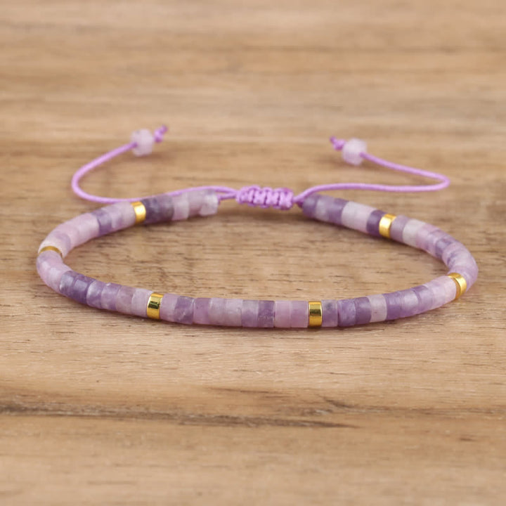 Olivenorma 2.4mm Natural Stone Roller Beads Braided Bracelet - Lepidolite & Golden - image 18