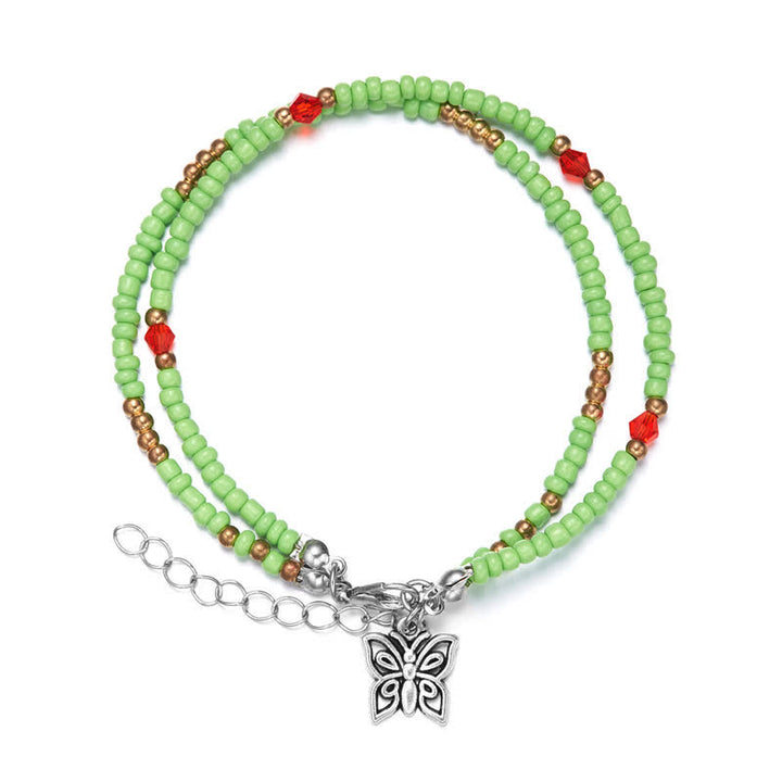 Olivenorma Butterfly Pendant Rice Beads Multi-layer Anklet - Green - image 1