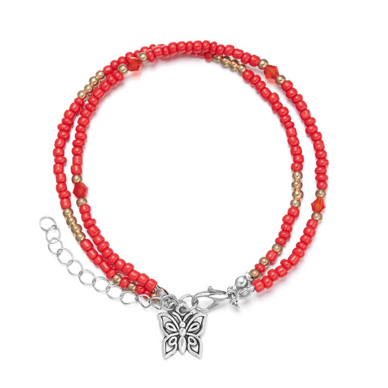 Olivenorma Butterfly Pendant Rice Beads Multi-layer Anklet - Red - image 7