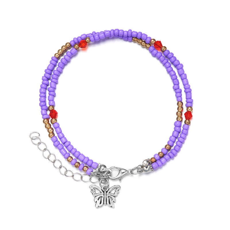 Olivenorma Butterfly Pendant Rice Beads Multi-layer Anklet - Purple - image 16