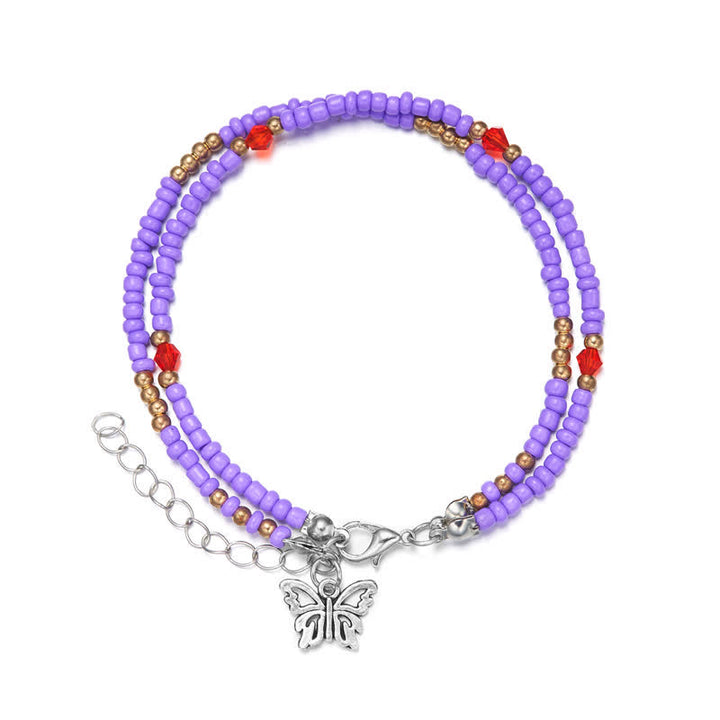 Olivenorma Butterfly Pendant Rice Beads Multi-layer Anklet - Purple - image 16