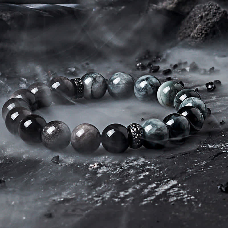 Olivenorma Hawk's Eye Quartz Silver Obsidian Beaded Bracelet - Round Beaded - 17-18cm - image 7