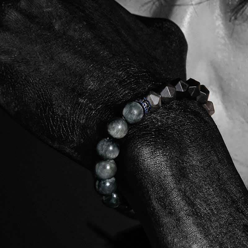Olivenorma Hawk's Eye Quartz Silver Obsidian Beaded Bracelet - image 5