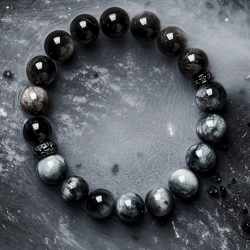 Olivenorma Hawk's Eye Quartz Silver Obsidian Beaded Bracelet - image 8