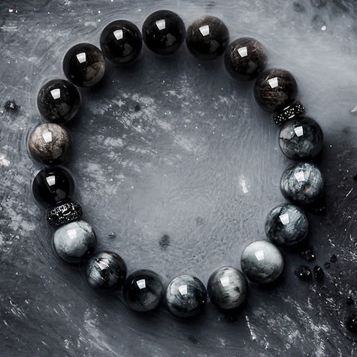 Olivenorma Hawk's Eye Quartz Silver Obsidian Beaded Bracelet - image 8