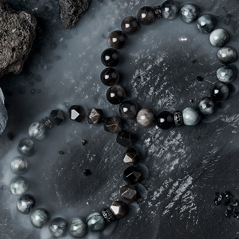 Olivenorma Hawk's Eye Quartz Silver Obsidian Beaded Bracelet - image 10