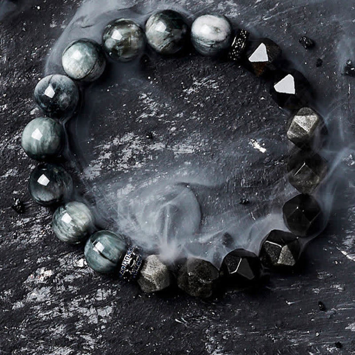 Olivenorma Hawk's Eye Quartz Silver Obsidian Beaded Bracelet - image 1