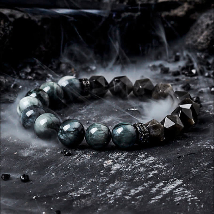 Olivenorma Hawk's Eye Quartz Silver Obsidian Beaded Bracelet - Faceted Beaded - 17-18cm - image 0