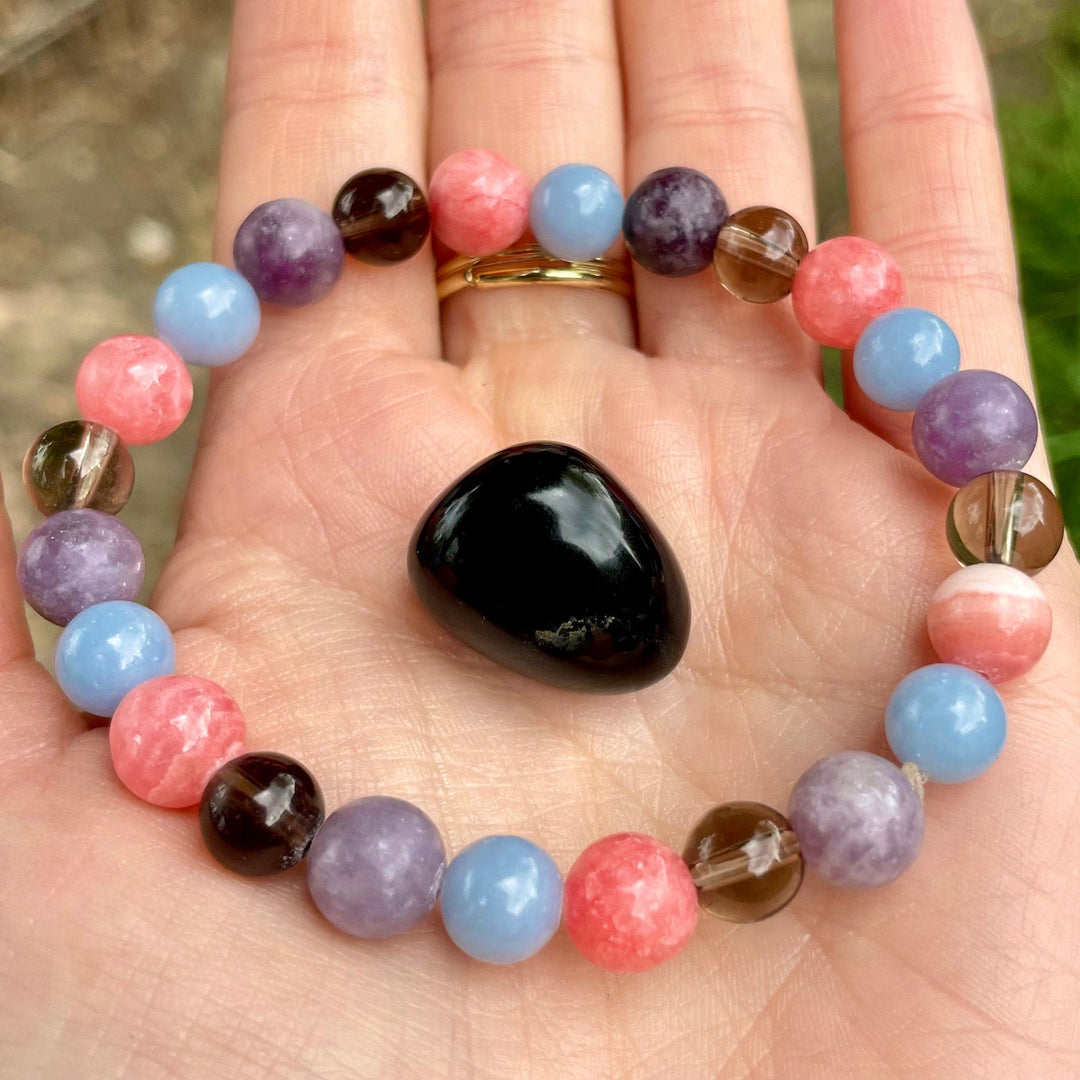 Olivenorma Grief And Loss Support Beaded Bracelet - Lepidolite & Angelite & Rhodochrosite & Smoky Quartz - image 0