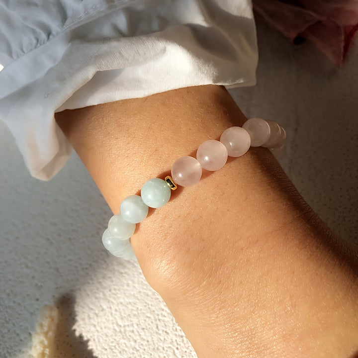 Olivenorma Natural Rose Quartz Aquamarine Beaded Elastic Bracelet - image 1
