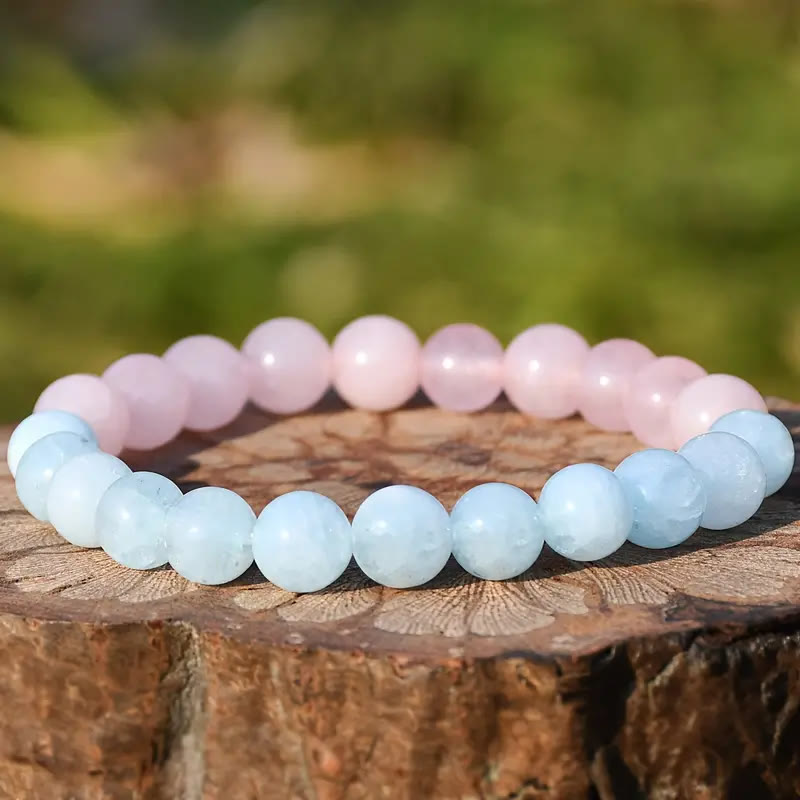 Olivenorma Natural Rose Quartz Aquamarine Beaded Elastic Bracelet - image 2