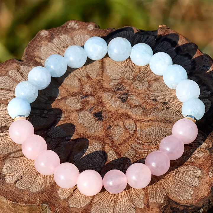 Olivenorma Natural Rose Quartz Aquamarine Beaded Elastic Bracelet - Rose Quartz & Aquamarine - image 0