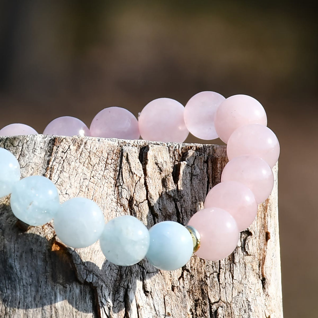 Olivenorma Natural Rose Quartz Aquamarine Beaded Elastic Bracelet - image 3