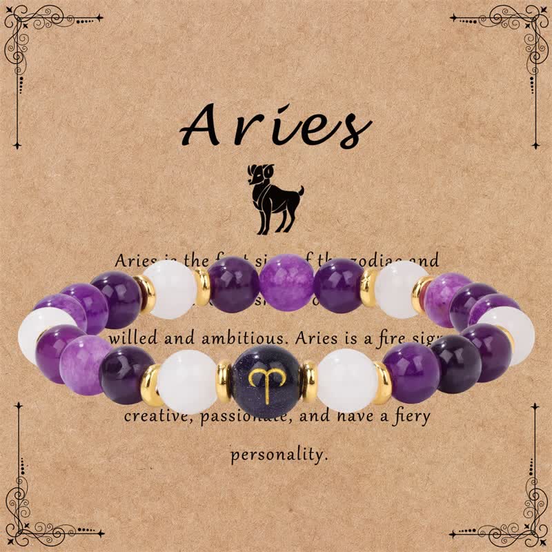 Olivenorma Amethyst Clear Crystal Blue Sandstone Beaded Zodiac Bracelet - Aries - image 1