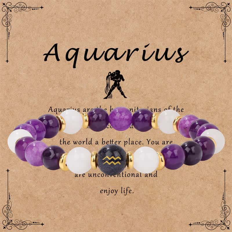 Olivenorma Amethyst Clear Crystal Blue Sandstone Beaded Zodiac Bracelet - Aquarius - image 12