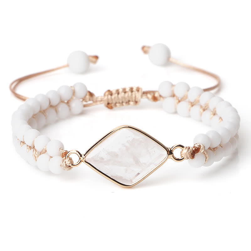 Olivenorma Natural Stone Double Row Braided Beaded Bracelet - White Chalcedony - Diamond - image 13