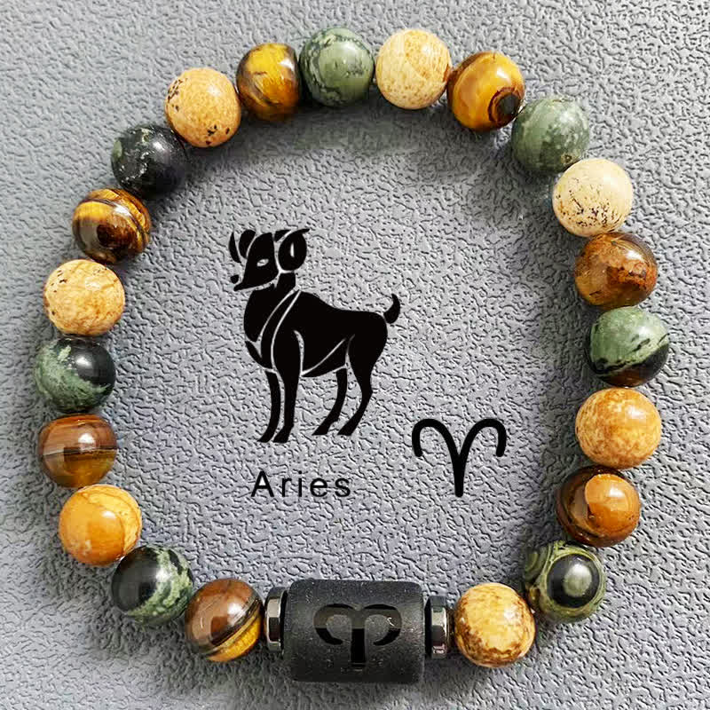 Olivenorma 12 Constellations Zodiac Tiger Eye Picture Jasper Beaded Bracelet - Aries - image 1