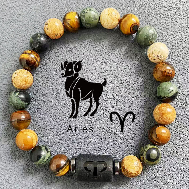 Olivenorma 12 Constellations Zodiac Tiger Eye Picture Jasper Beaded Bracelet - Aries - image 1