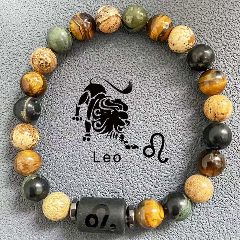 Olivenorma 12 Constellations Zodiac Tiger Eye Picture Jasper Beaded Bracelet - Leo - image 5