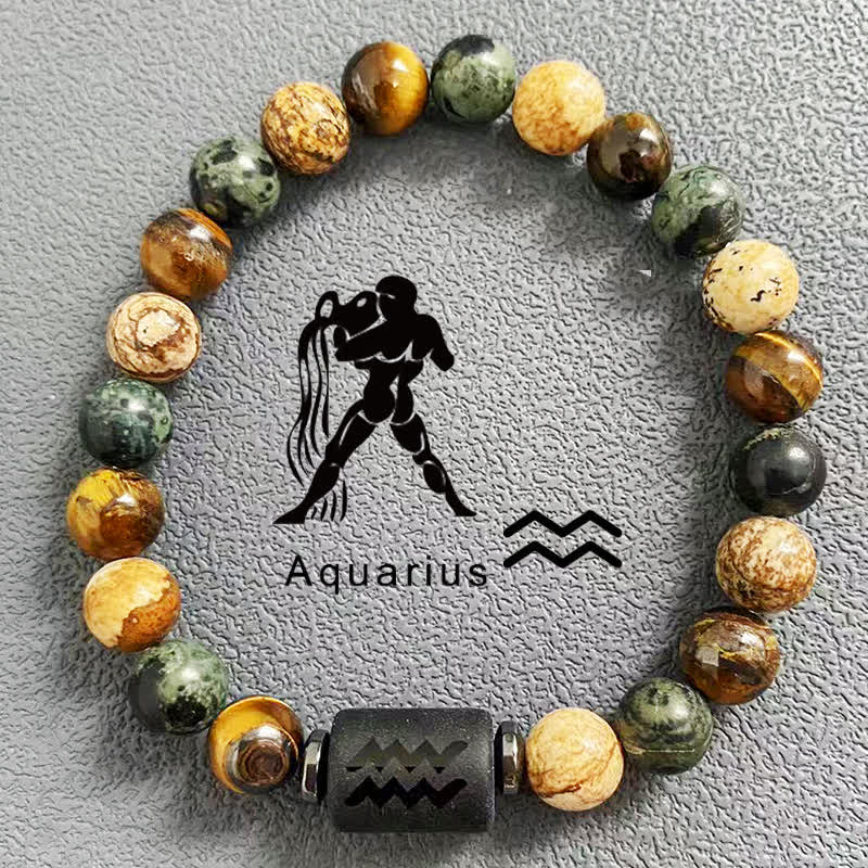 Olivenorma 12 Constellations Zodiac Tiger Eye Picture Jasper Beaded Bracelet - Aquarius - image 11
