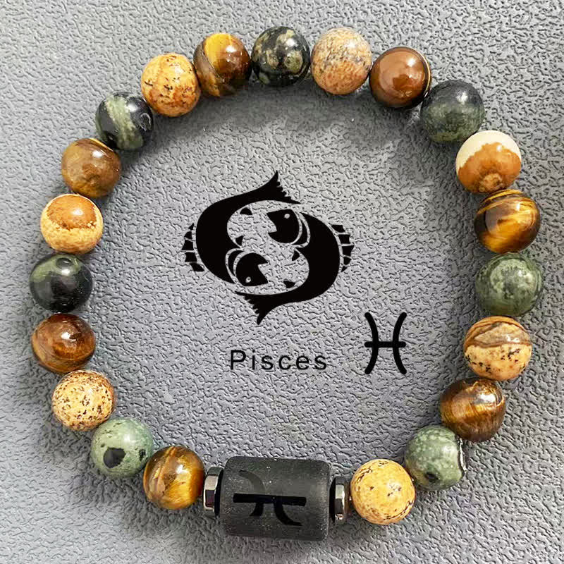 Olivenorma 12 Constellations Zodiac Tiger Eye Picture Jasper Beaded Bracelet - Pisces - image 12