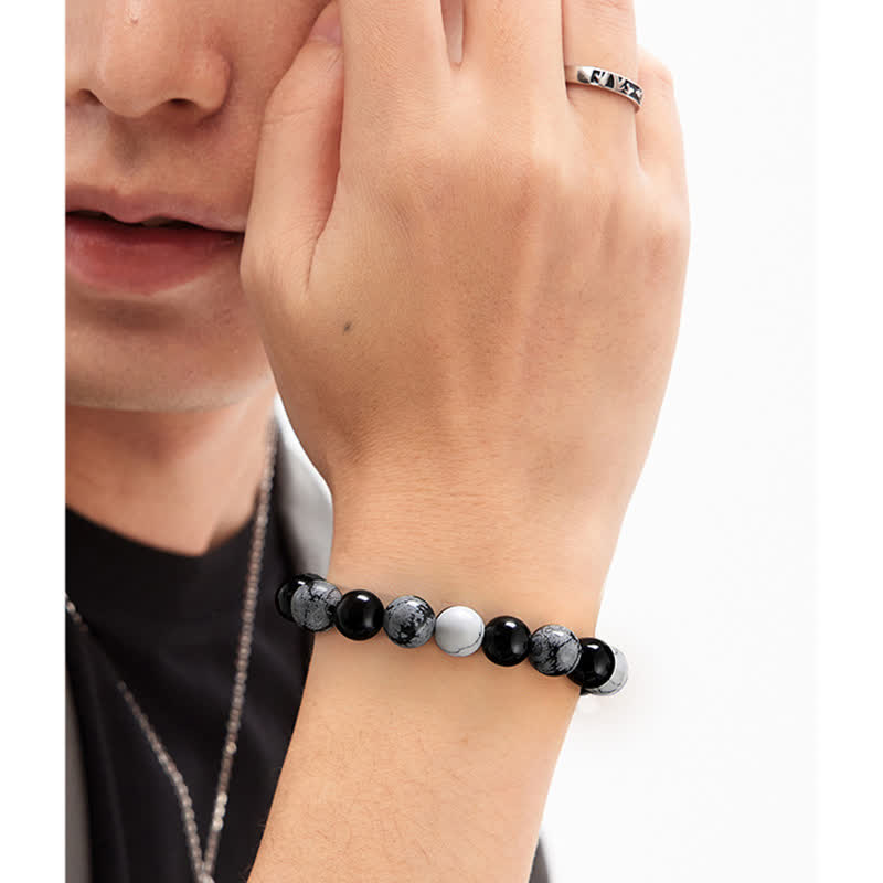 Olivenorma 10mm Snowflake Obsidian White Turquoise Bead Bracelet - image 1