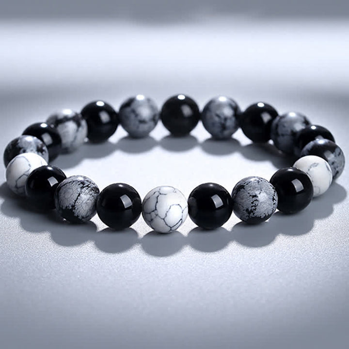 Olivenorma 10mm Snowflake Obsidian White Turquoise Bead Bracelet - image 5