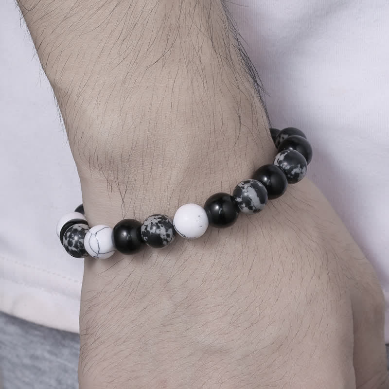 Olivenorma 10mm Snowflake Obsidian White Turquoise Bead Bracelet - image 3