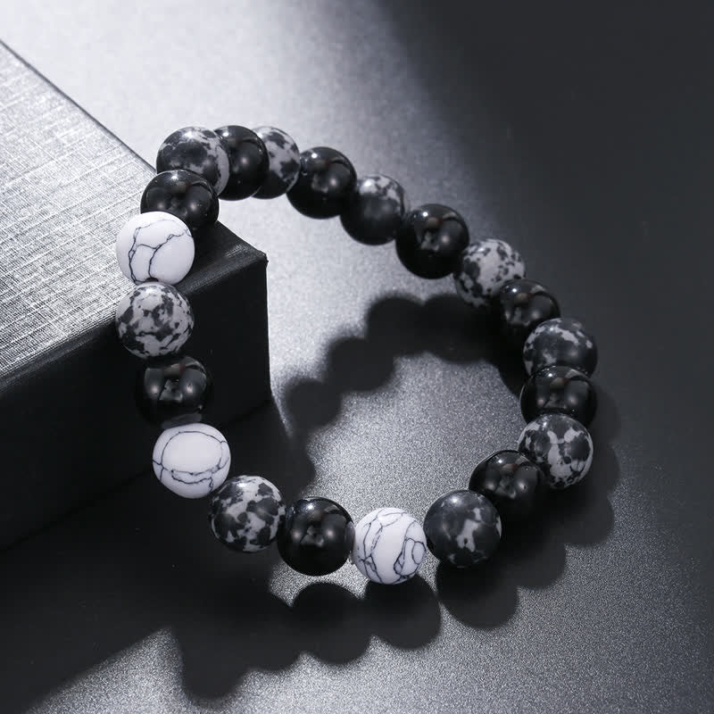 Olivenorma 10mm Snowflake Obsidian White Turquoise Bead Bracelet - image 4