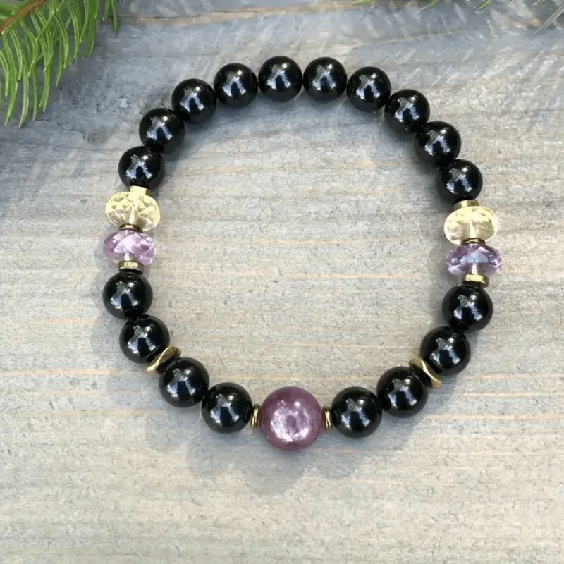 Olivenorma 8mm Obsidian Amethyst Beaded Bracelet - image 1