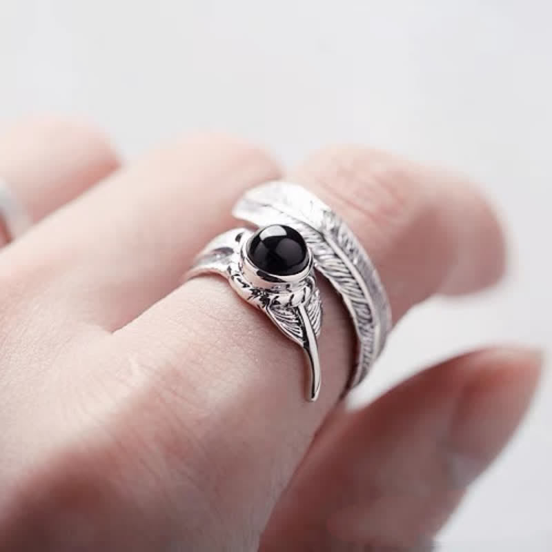 Olivenorma Hip-Hop Black Onyx Adjustable Feather Ring - image 1