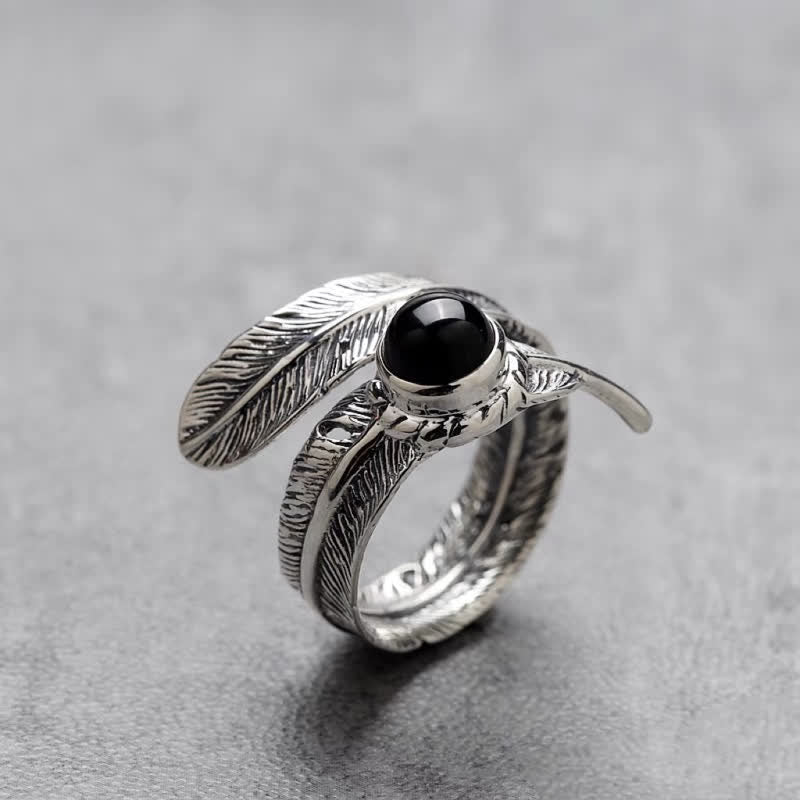Olivenorma Hip-Hop Black Onyx Adjustable Feather Ring - image 2