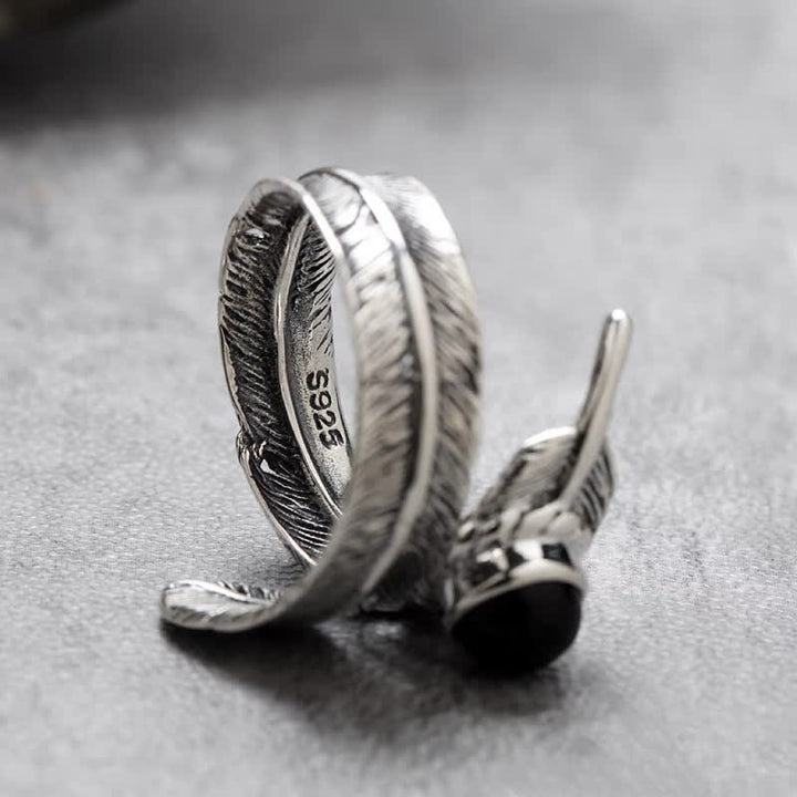 Olivenorma Hip-Hop Black Onyx Adjustable Feather Ring - image 3