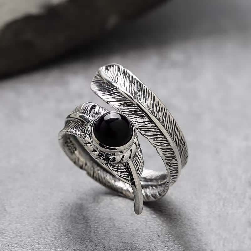 Olivenorma Hip-Hop Black Onyx Adjustable Feather Ring - Black Onyx - image 0