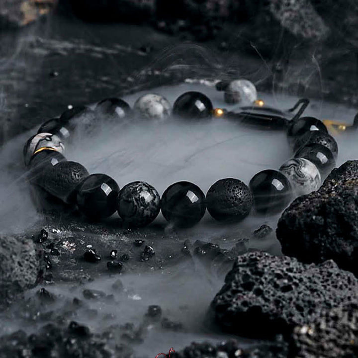 Olivenorma "Cold Night" Natural Obsidian Labradorite Beaded Bracelet - Obsidian & Grey Jasper & Lava Stone - 18cm - image 7