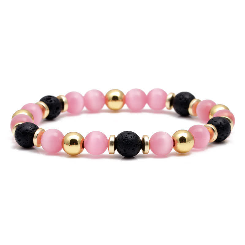 Olivenorma Lava Stone Rose Pink Quartz Beaded Bracelet - Lava Stone & Cat's Eye Stone #Golden - image 6