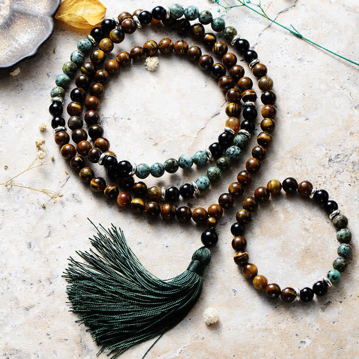 Olivenorma 108 Crystal Beads Mala Bracelet Necklace - Tiger Eye & African Turquoise & Obsidian - Mala Set - image 0