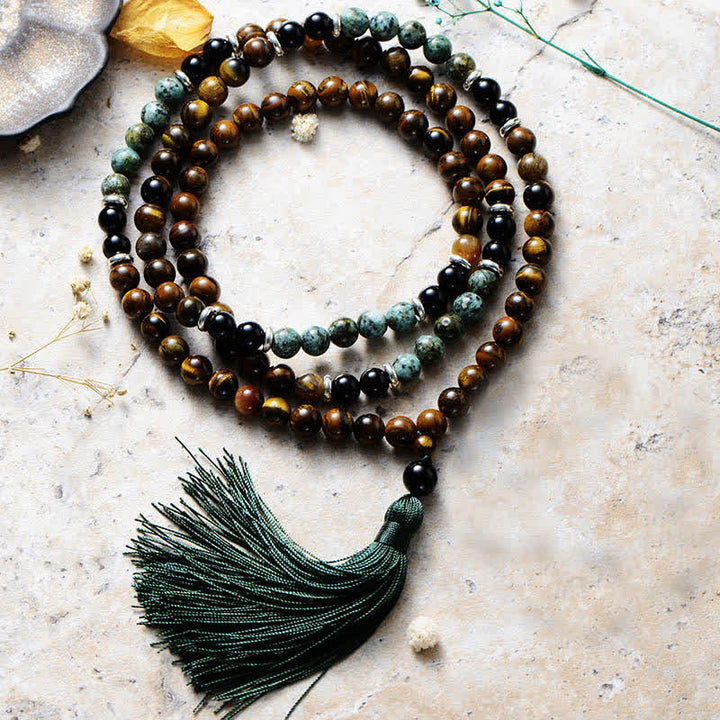 Olivenorma 108 Crystal Beads Mala Bracelet Necklace - Tiger Eye & African Turquoise & Obsidian - Necklace - image 2
