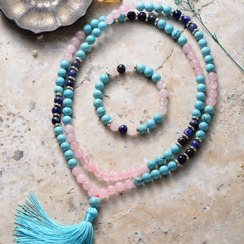 Olivenorma 108 Crystal Beads Mala Bracelet Necklace - Turquoise & Rose Quartz & Lapis Lazuli - Mala Set - image 9