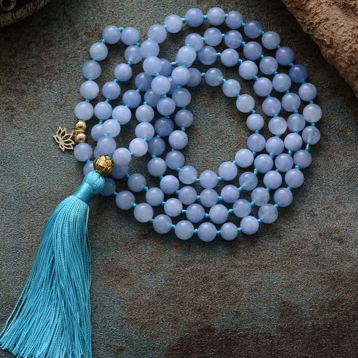 Olivenorma 108 Aquamarine Mala Beads Tassels Rosary Necklace - image 1