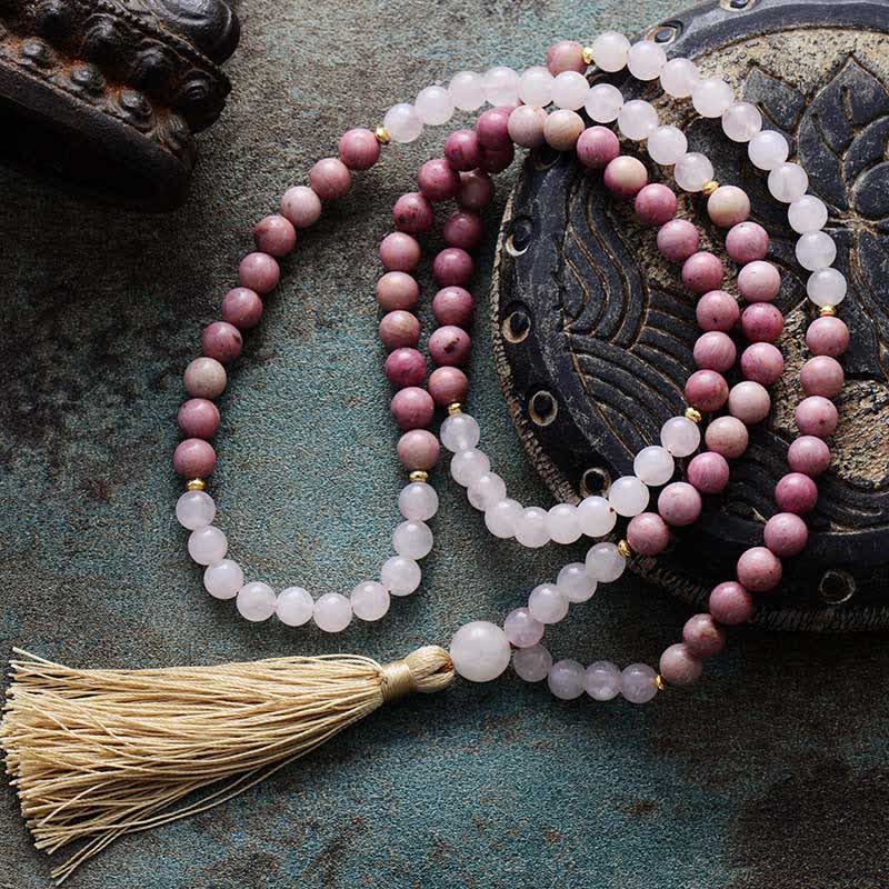 Olivenorma 108 Rhodonite Mala Beads Tassels Rosary Necklace - Rhodonite - image 0