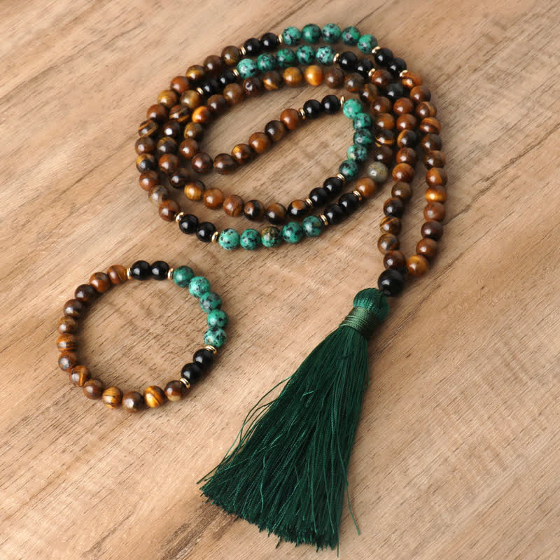 Olivenorma 108 Tiger Eye Mala Beads Tassel Bracelet Necklace - Bracelet & Necklace - image 0