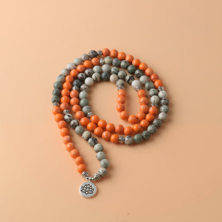 Olivenorma 108 Orange Emperor Stone Mala Beads Lotus Pendant Necklace - image 3
