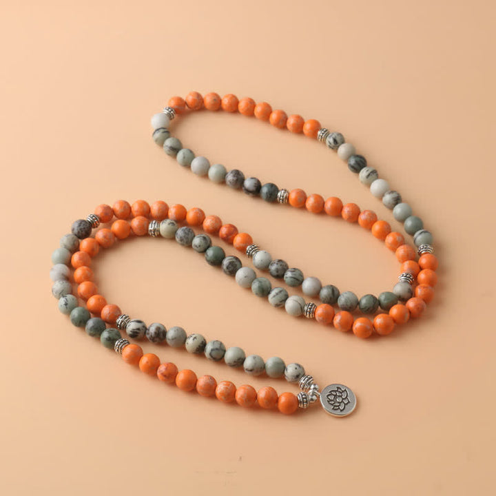 Olivenorma 108 Orange Emperor Stone Mala Beads Lotus Pendant Necklace - image 2
